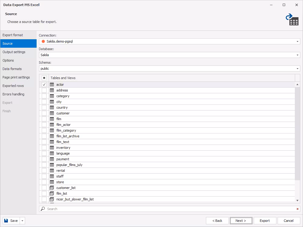 Data to be exported