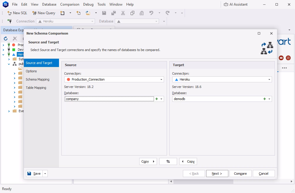 Open the comparison wizard and select databases to be compared