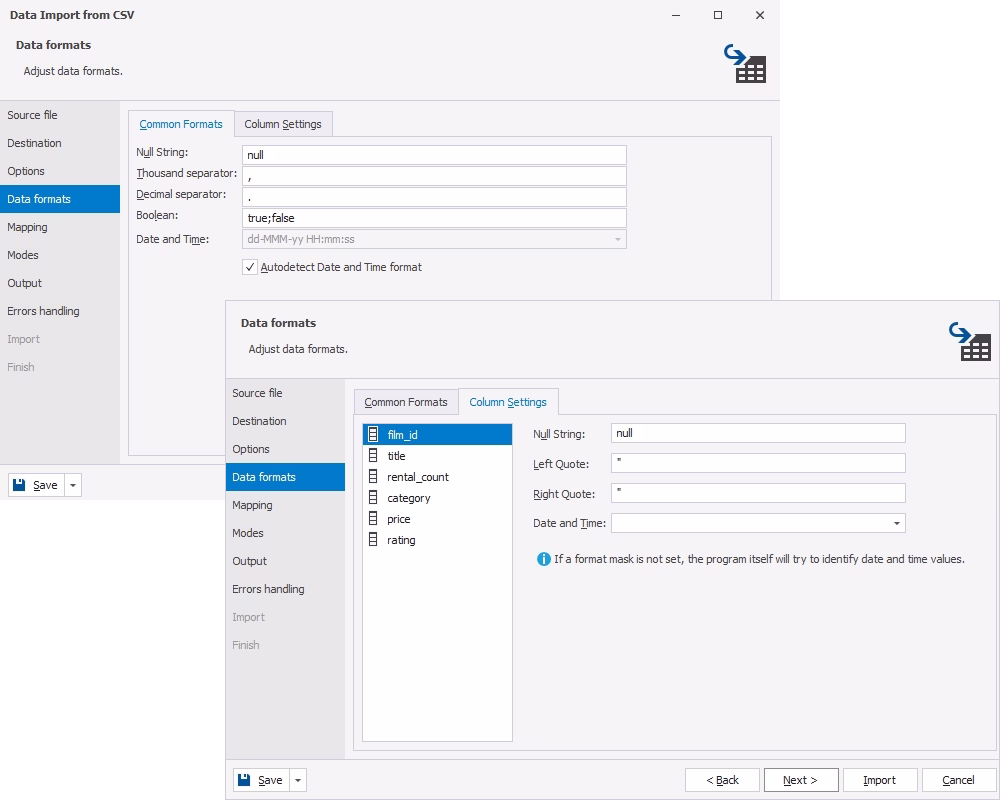 Configuring settings for the selected import data format