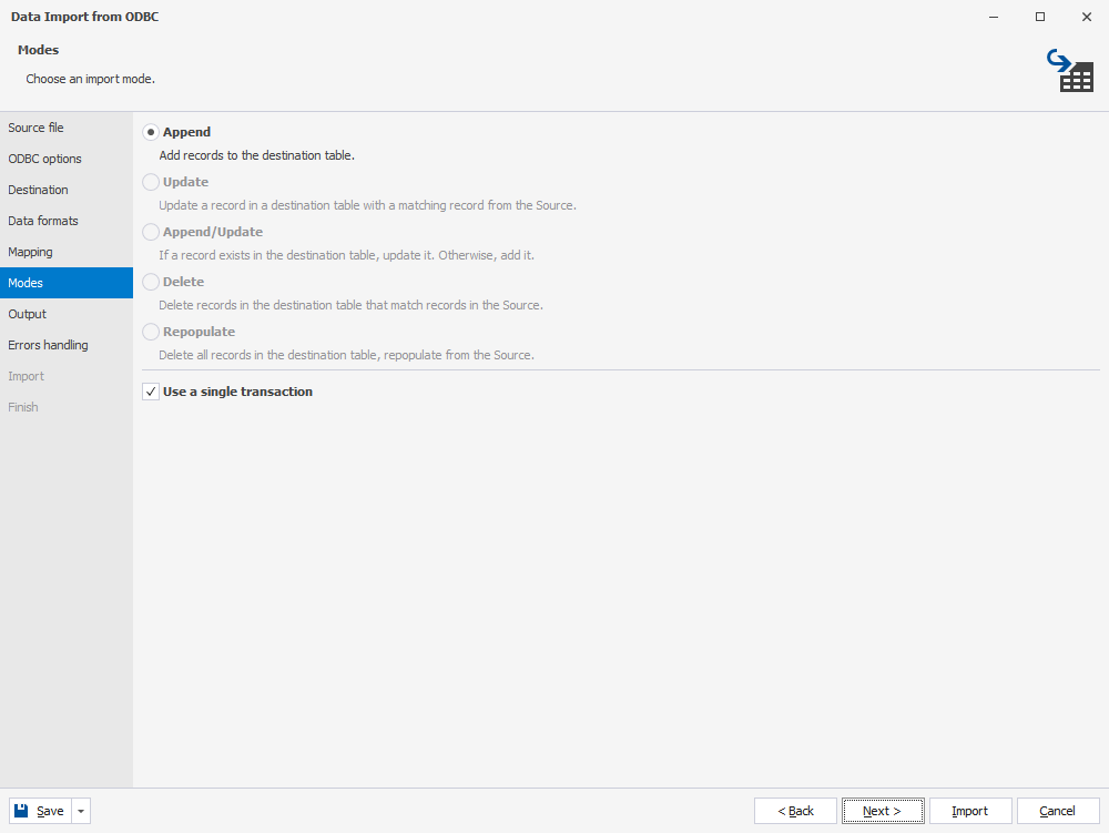 dbForge Studio for PostgreSQL - Data Import modes