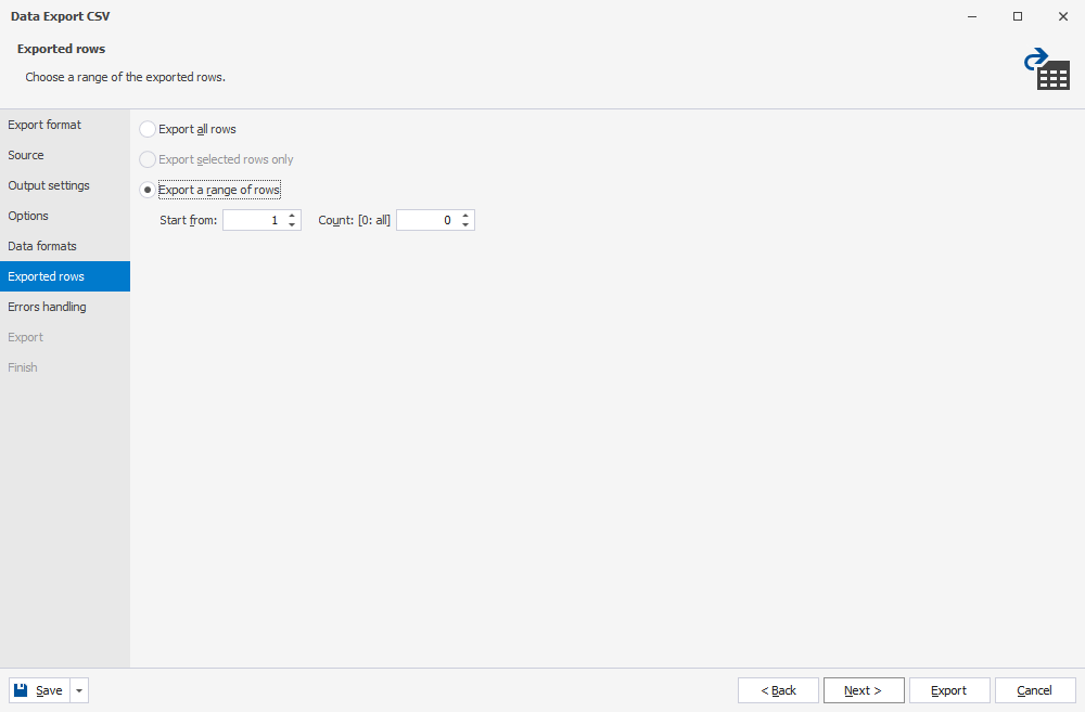 Exporting rows