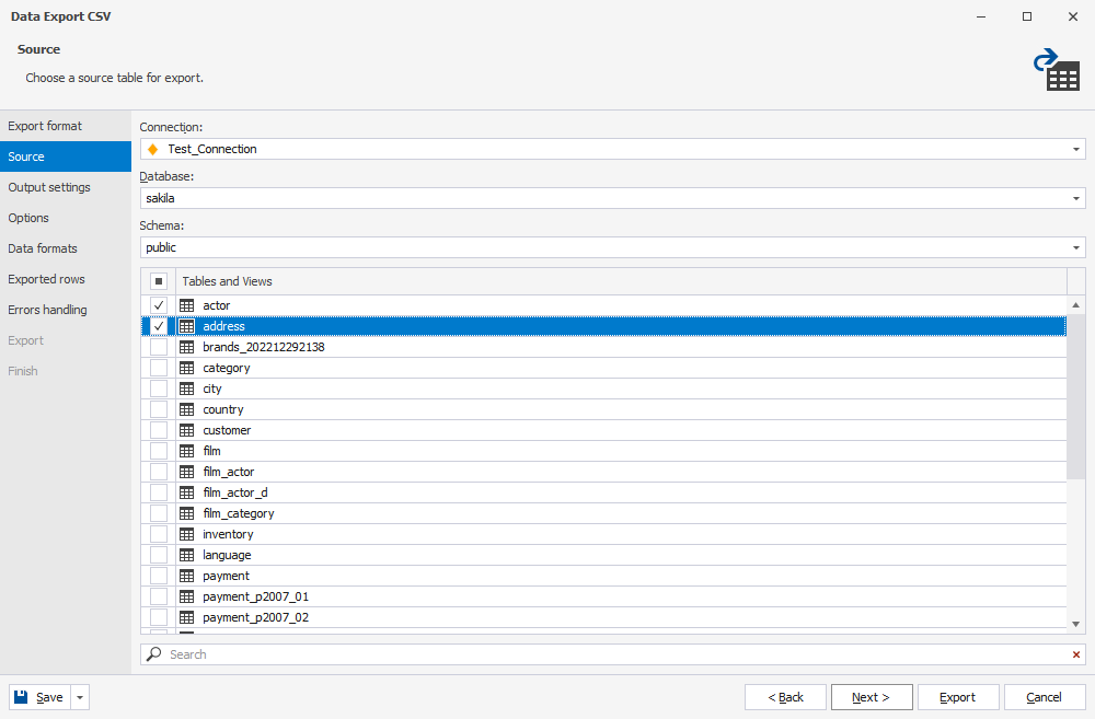 Selecting data to be exported