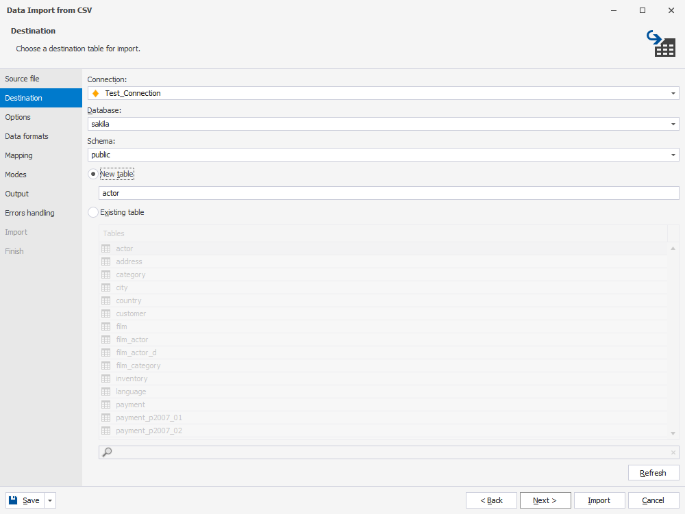 Import to a new table
