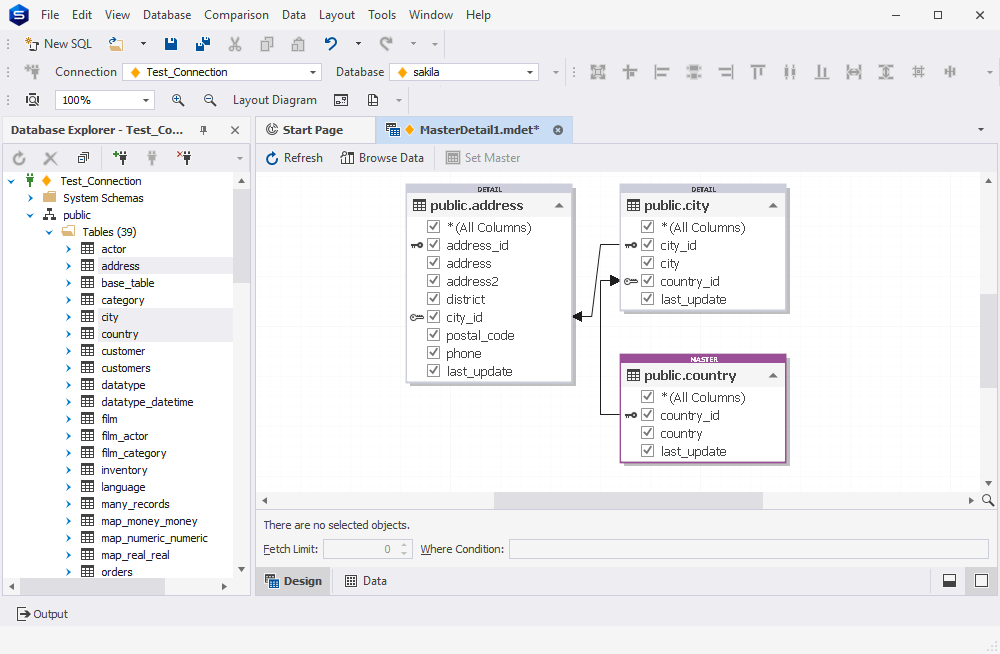 Working in Design View in Master-Detail Browser for PostgreSQL
