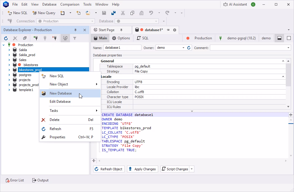 Database Editor showing database properties and the generated CREATE DATABASE SQL script.
