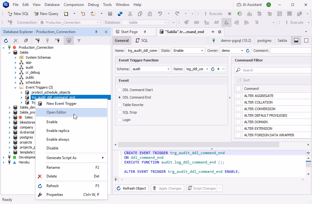 PostgreSQL event trigger editor in dbForge Studio