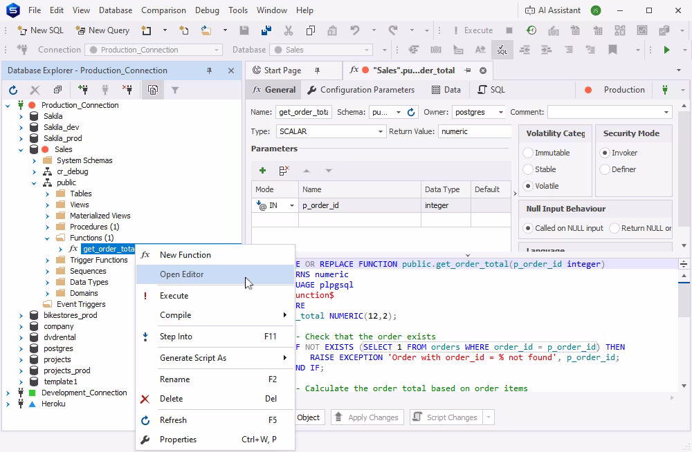 Visual PostgreSQL function editor in dbForge Studio