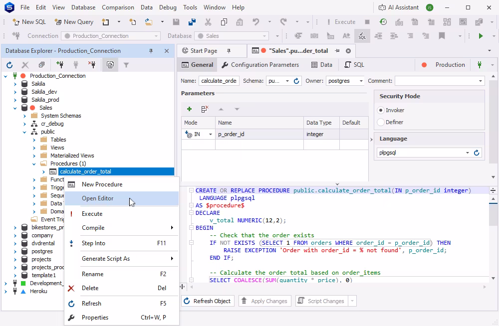 PostgreSQL procedure editor in dbForge Studio