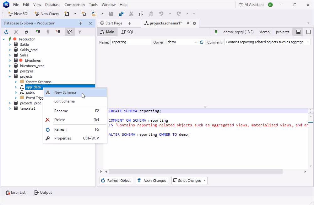 Schema Editor showing schema name, owner, and comment, with the generated CREATE SCHEMA SQL script below.