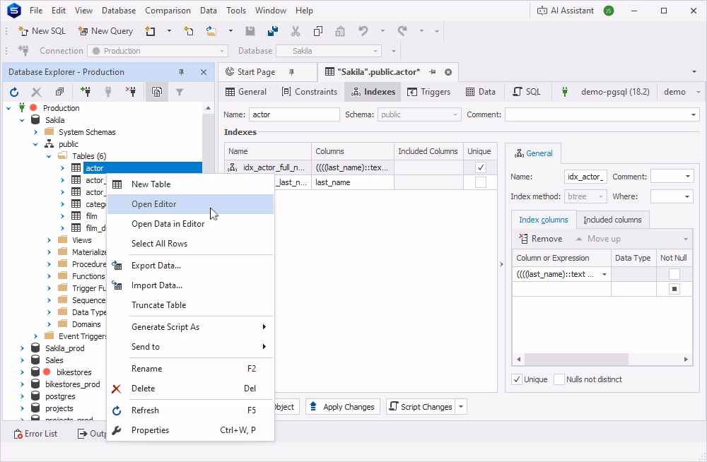 Table Editor with the active General tab showing table columns, column properties, and the generated CREATE TABLE DDL script below.