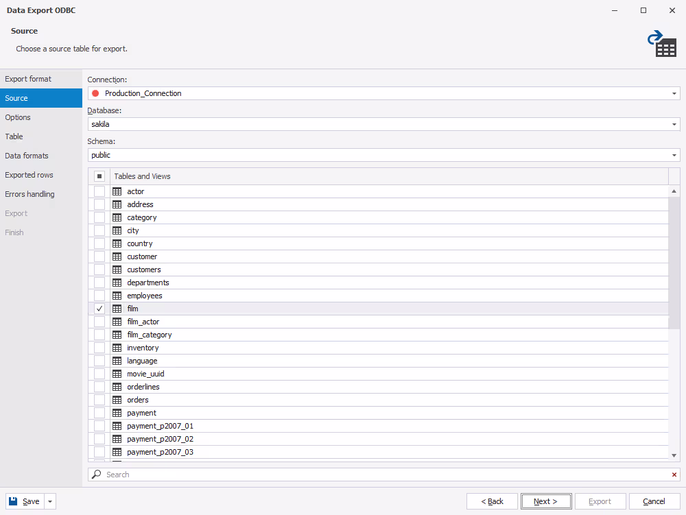 Select data to be exported
