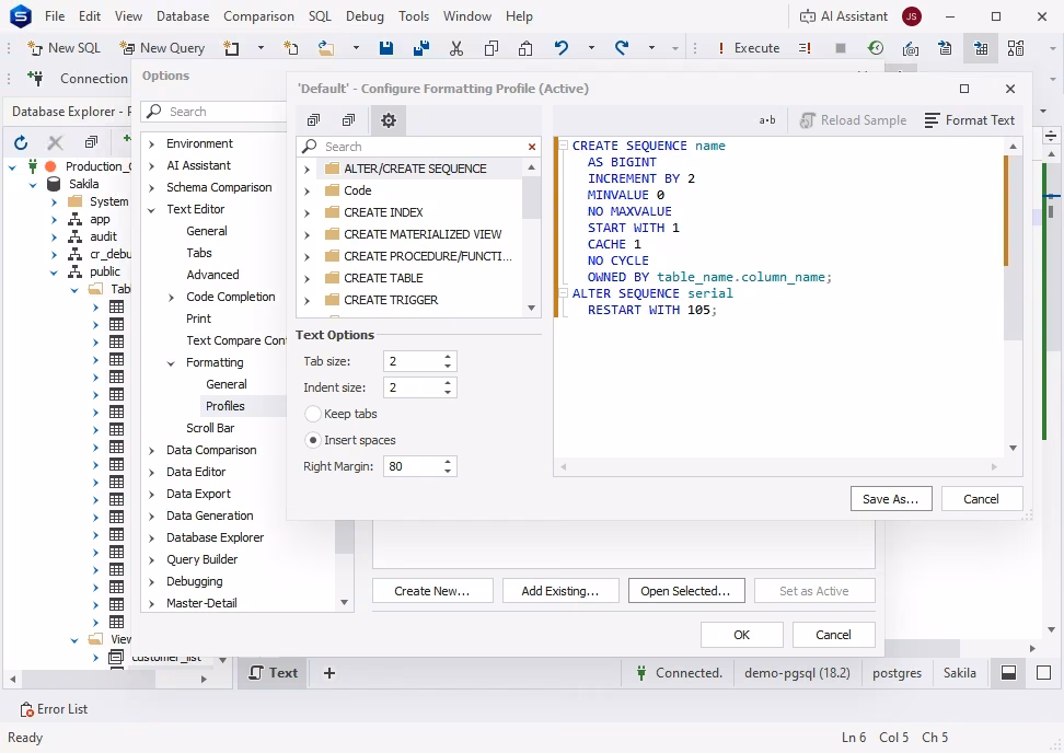 SQL formatter in dbForge Studio for PostgreSQL