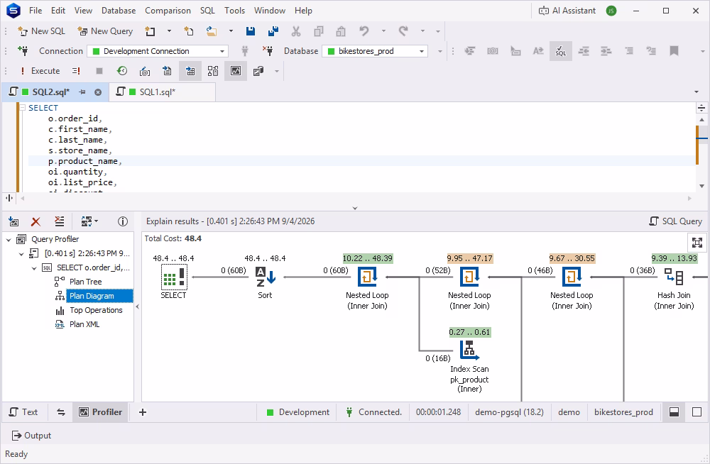 Visual execution plan diagram in Query Profiler in dbForge Studio for PostgreSQL