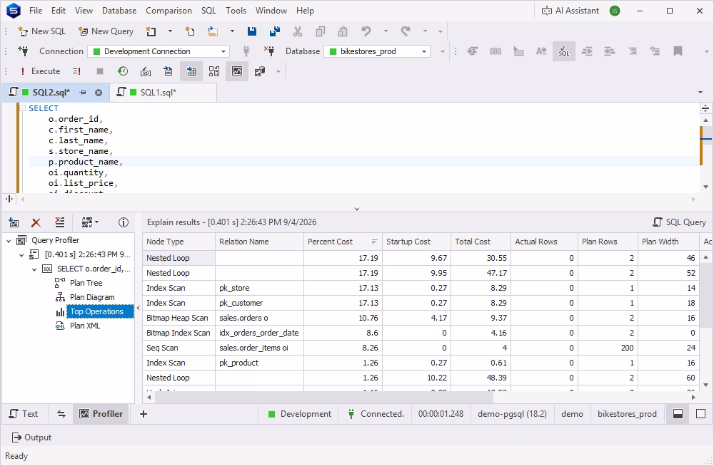 Top operations by execution time in Query Profiler in dbForge Studio for PostgreSQL
