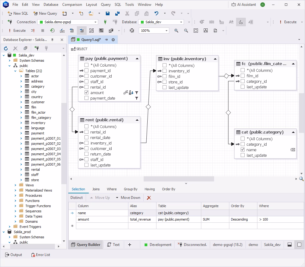 Query Builder with a query generating a rental report