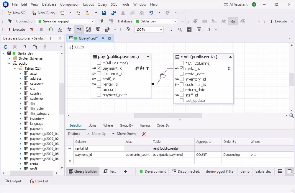 Query Builder showing the creation of a data validation query