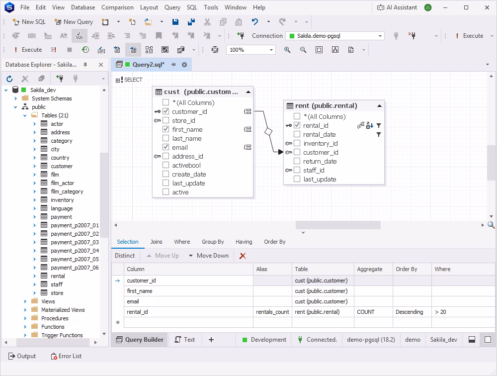 Query Builder implementing a query for customers with a certain number of rentals