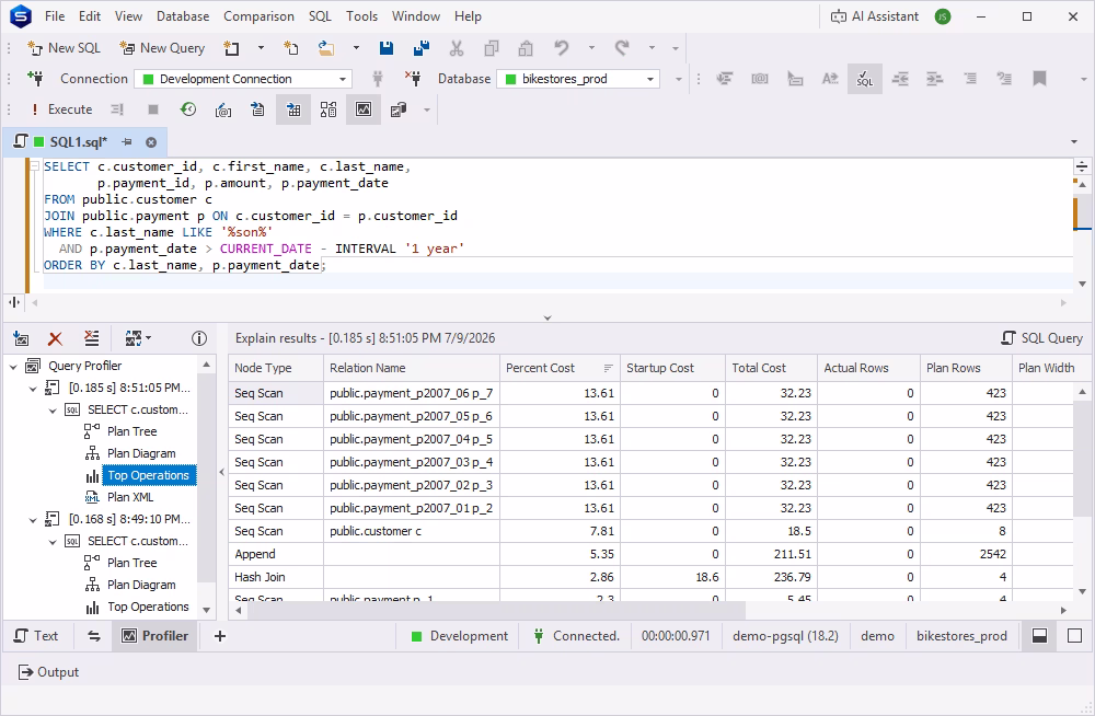 List of the most expensive operations in Query Profiler