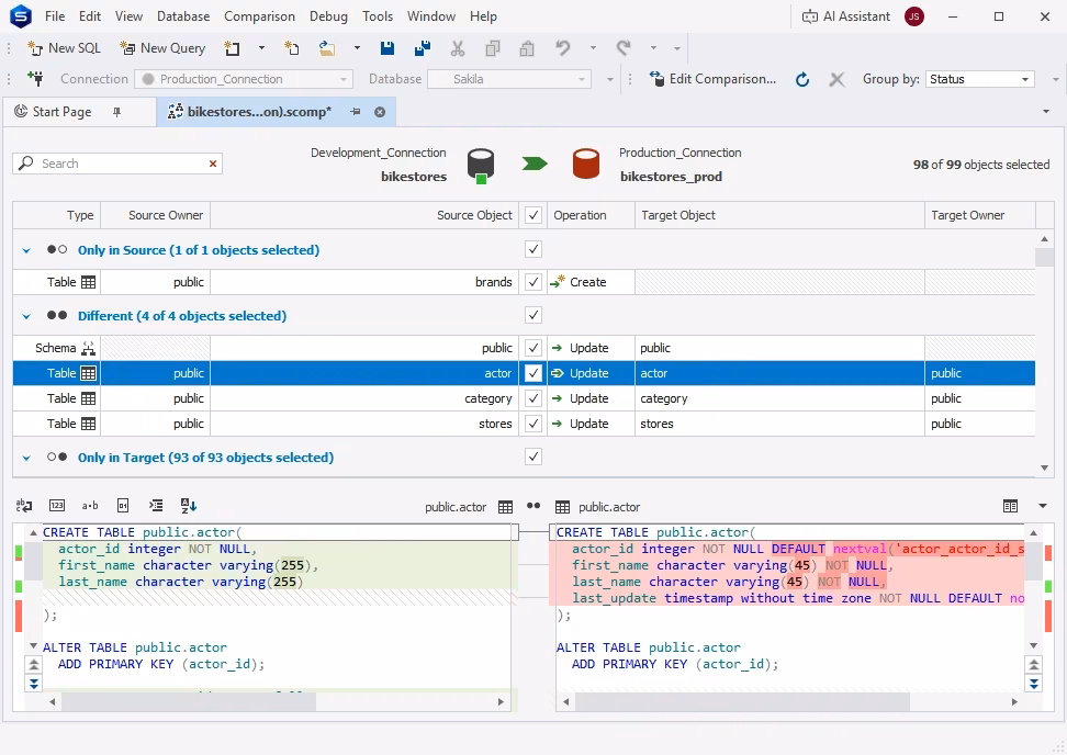 Schema comparison in dbForge Studio for PostgreSQL