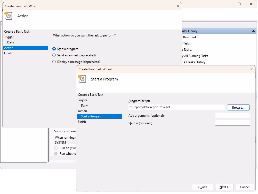 Setting the program to start as the scheduled task action