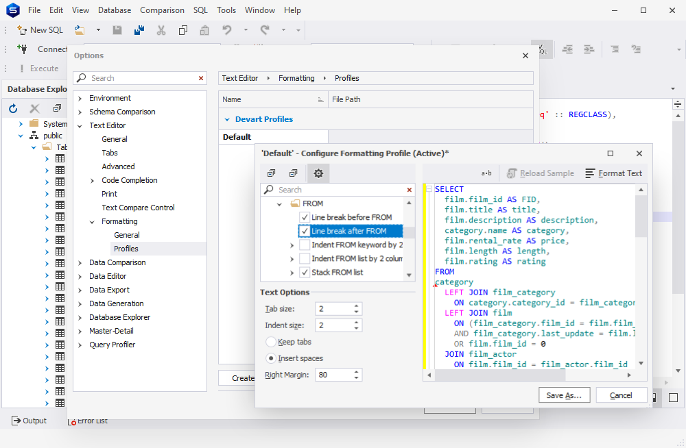 Formatting a profile in dbForge Studio for PostgreSQL