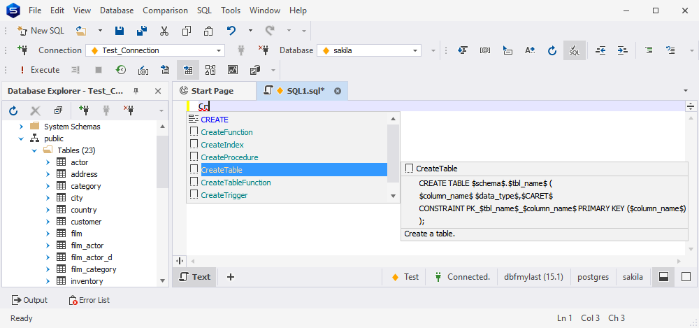Code snippets offer a suggestion list with table names in the Studio for PostgreSQL