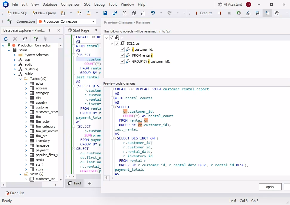 Code snippet in dbForge Studio for PostgreSQL