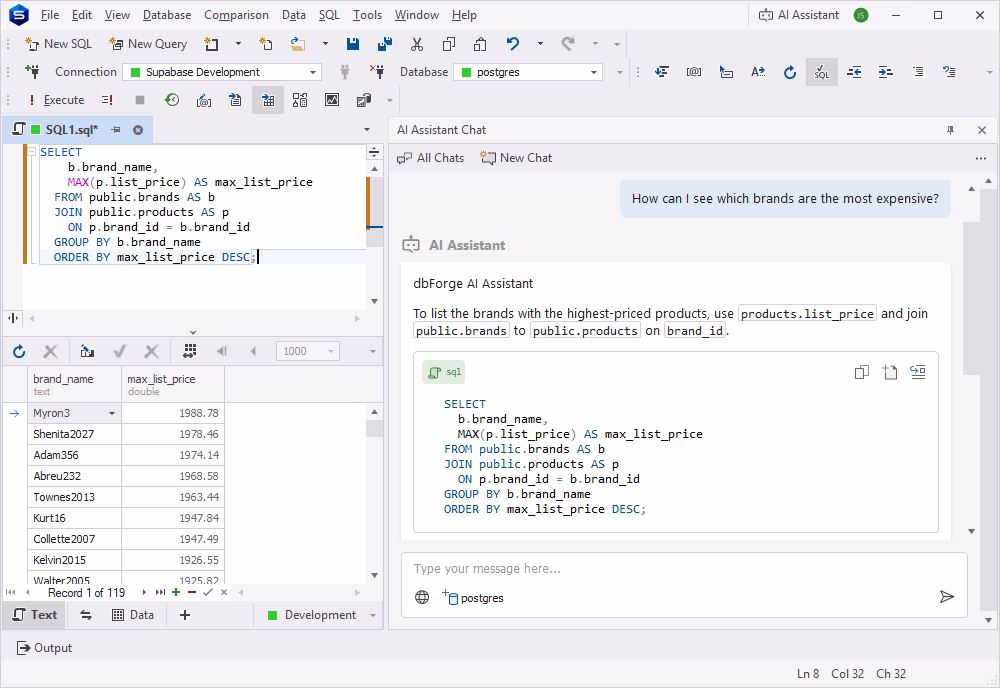 Using dbForge AI Assistant to generate and troubleshoot SQL for a Supabase database
