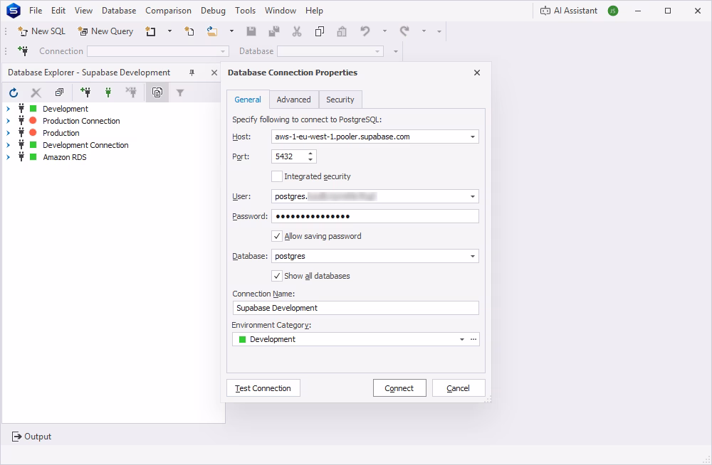 Setting up a connection to Supabase from dbForge Studio