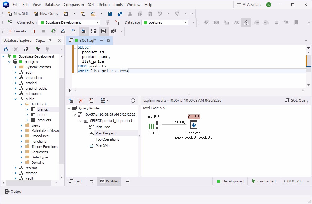 Analyzing Supabase query performance with dbForge Studio's query profiler