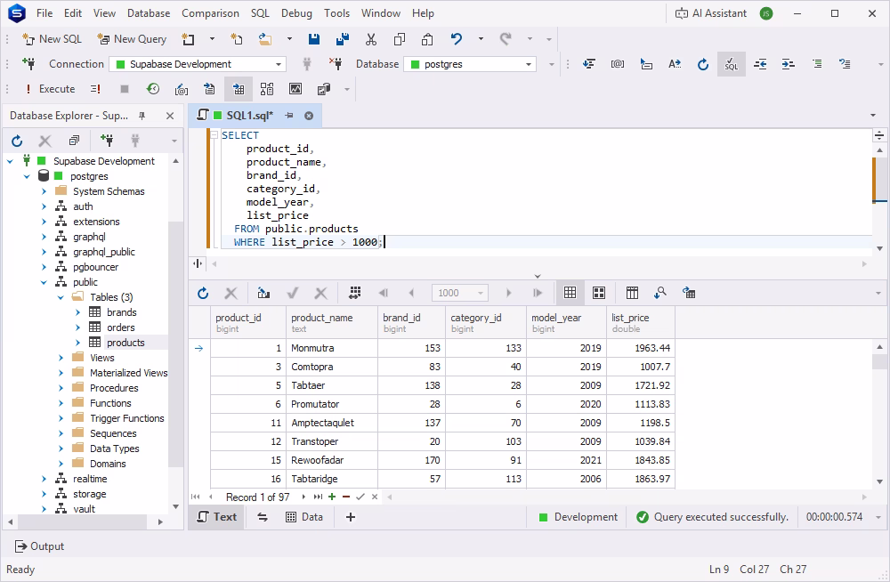Writing and running an SQL query against a Supabase database in dbForge Studio's SQL editor