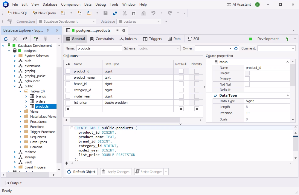 Browsing a Supabase table's structure in dbForge Studio's Database Explorer