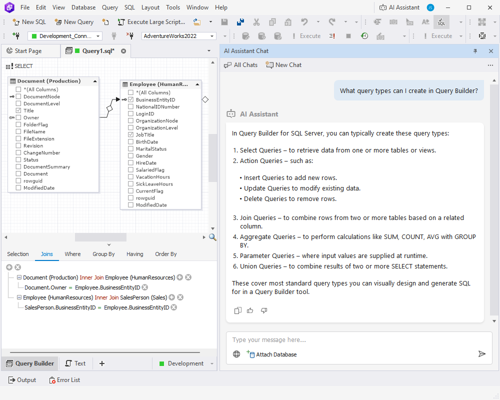 AI Assistant interface for SQL query generation and optimization