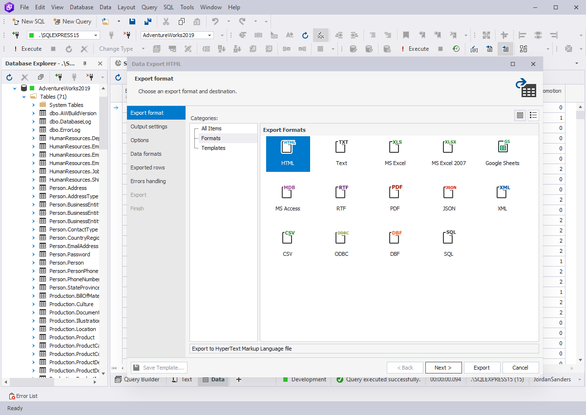 Query Builder for SQL Server - Daten exportieren