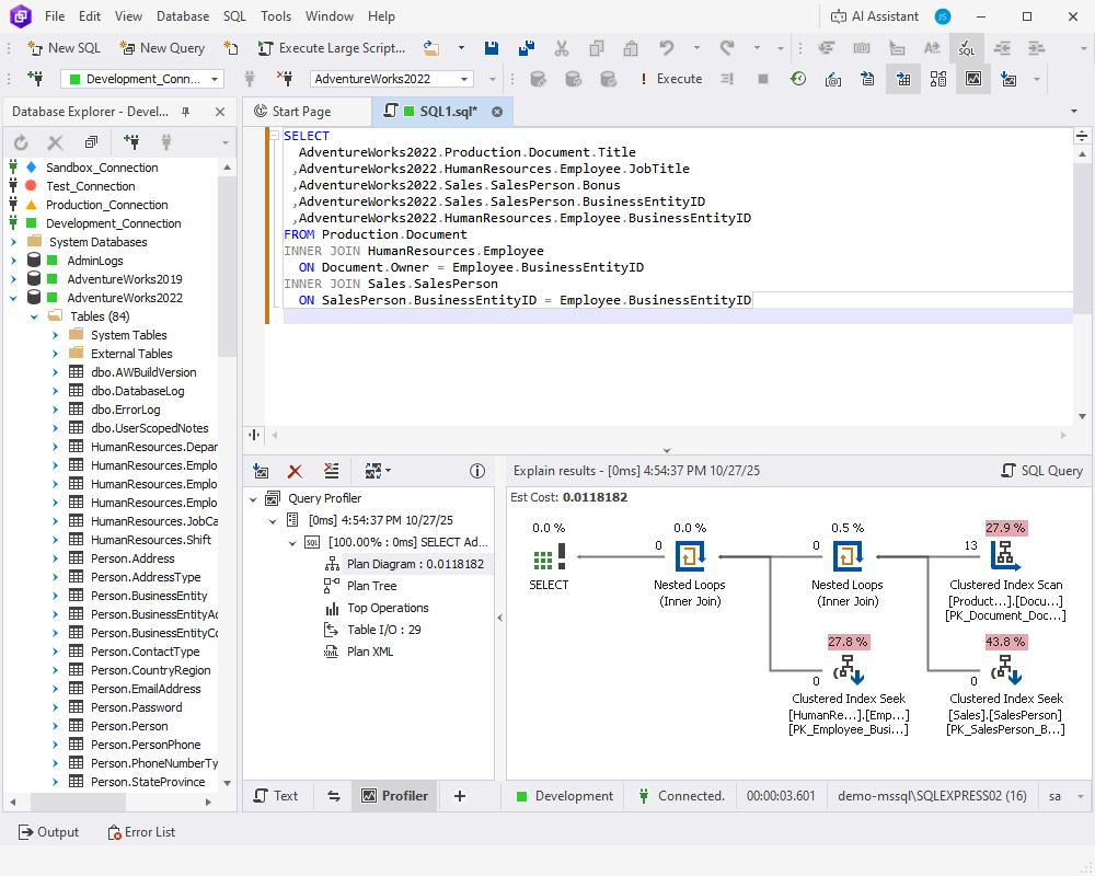 SQL Query Profiler interface showing execution plans and profiling results