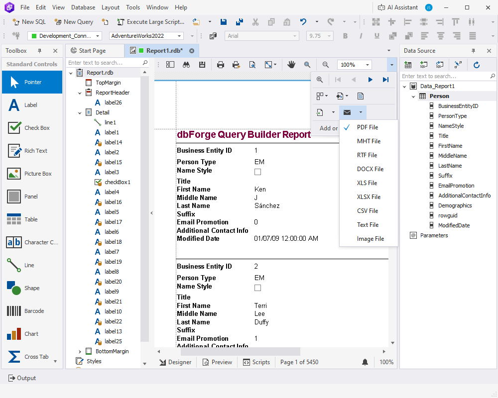 SQL Report Designer interface with data bands and export options