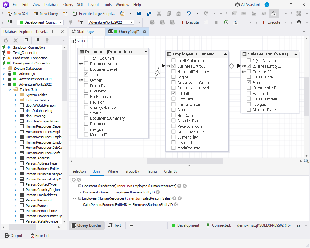 Visual SQL Query Builder interface with tables and JOINs on diagrams