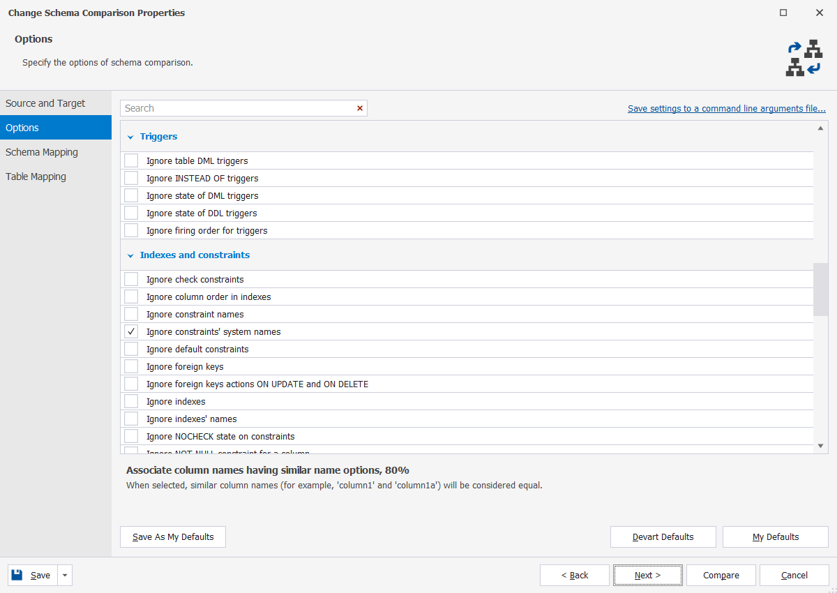 Schema comparison options