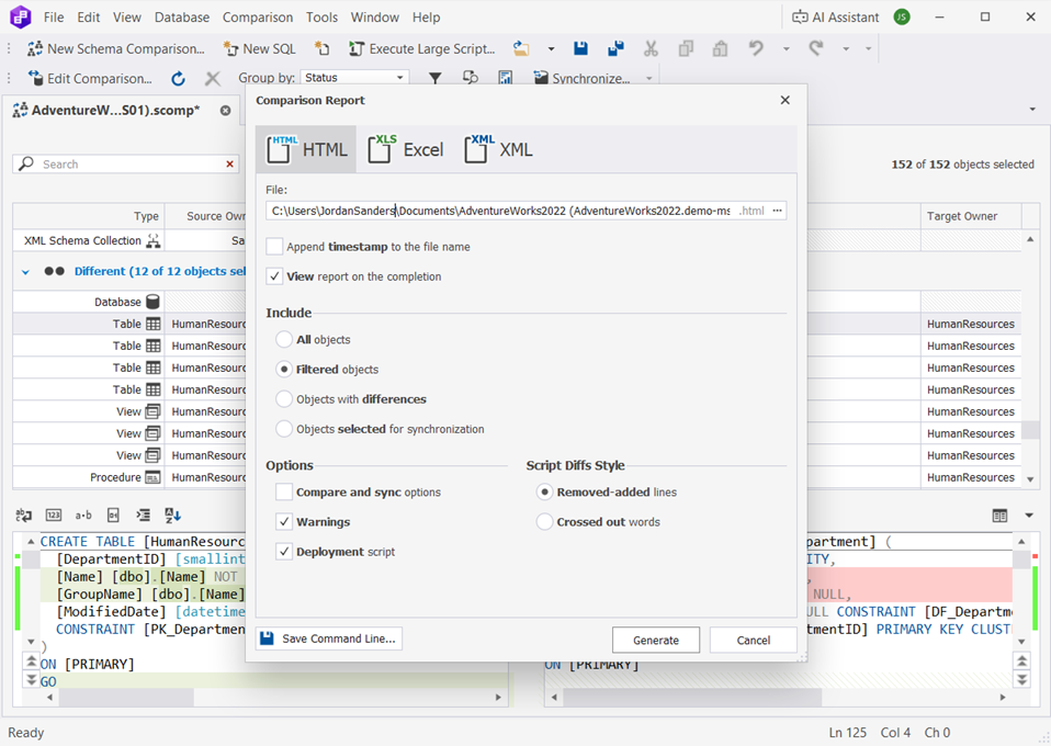 Comparison report generation