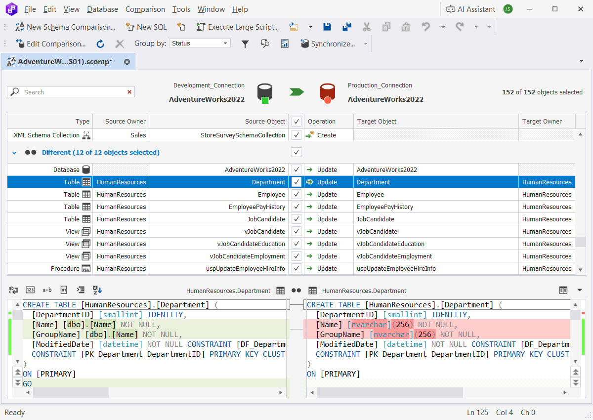 Manage schema comparison results