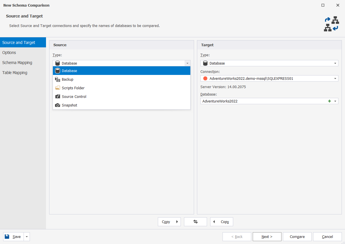 Schema comparison data sources