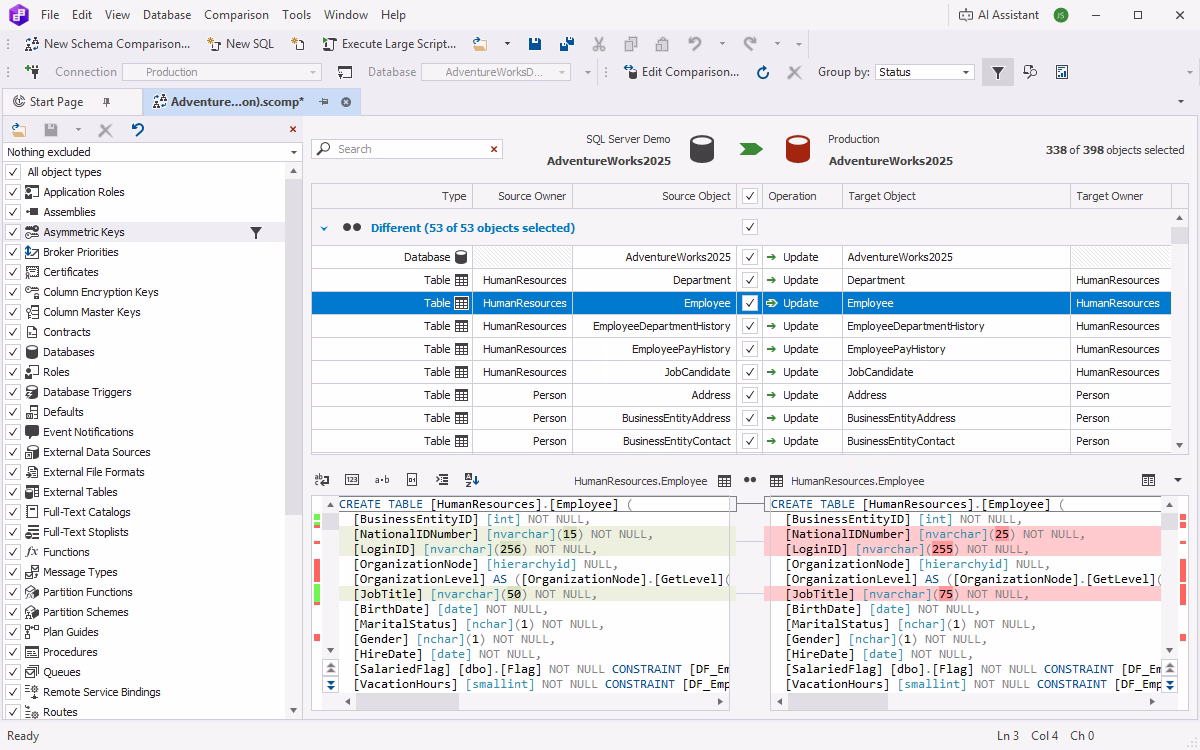View differences between databases in dbForge Schema Compare for SQL Server 