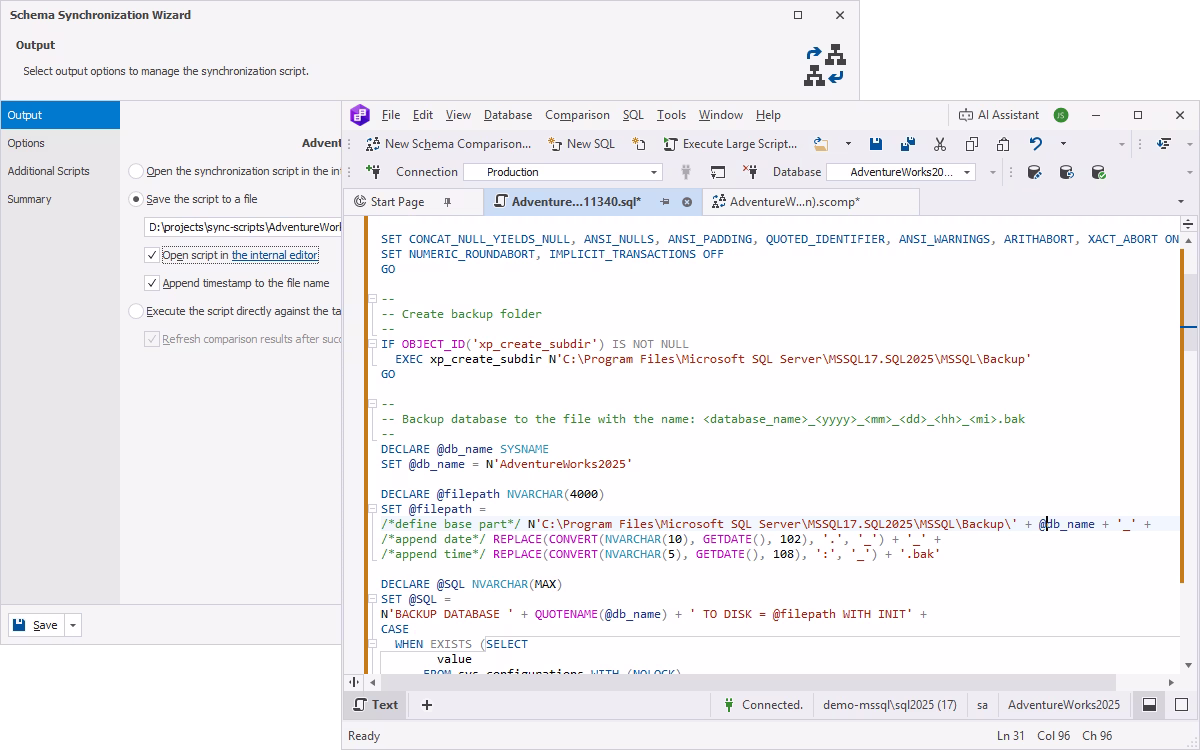 Generate and view synchronization scripts with dbForge Schema Compare for SQL Server