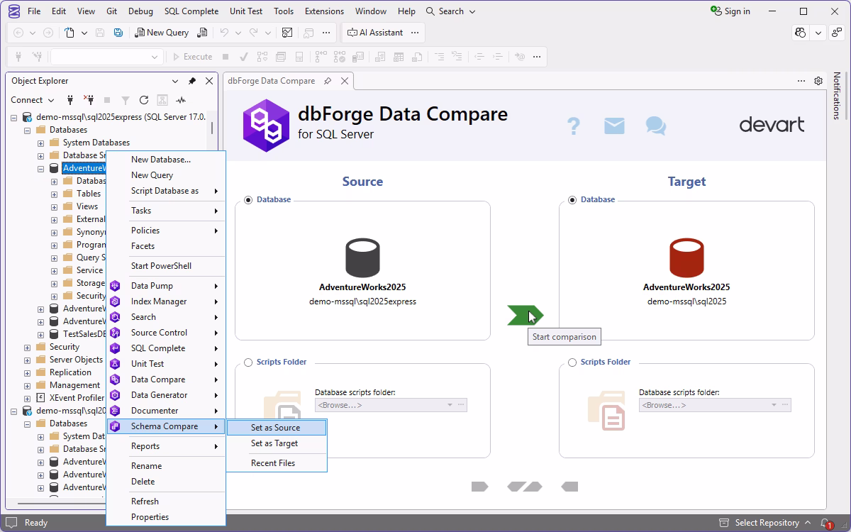 dbForge Schema Compare is integrated with SQL Server Management Studio