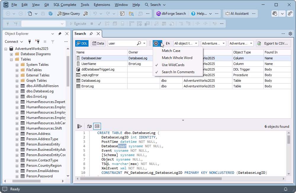 Customizable search scope and filters in SQL Server showing DDL and data search options with case and whole word settings
