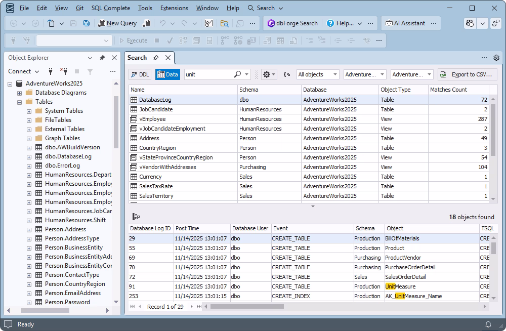 dbForge Search results grid showing database objects with name, schema, database, object type, and match count