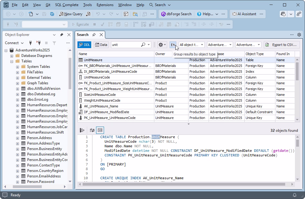 Search results management with sorting, filtering, and grouping by object category