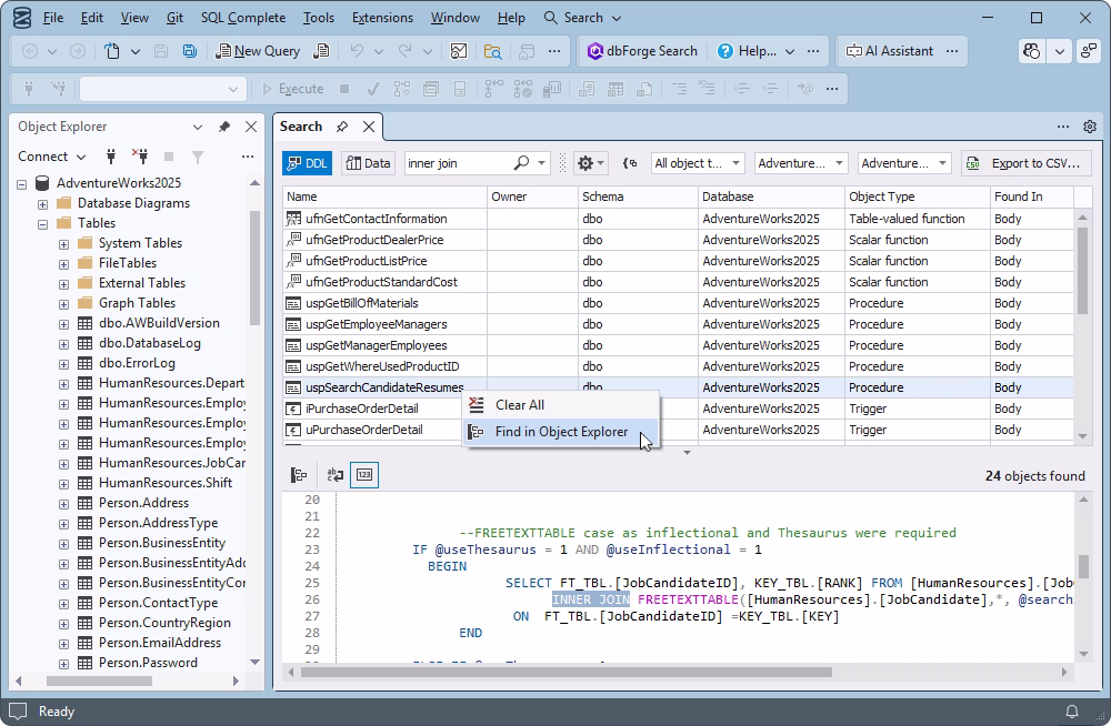 Quick navigation from search results to database objects in Object Explorer with full hierarchy view