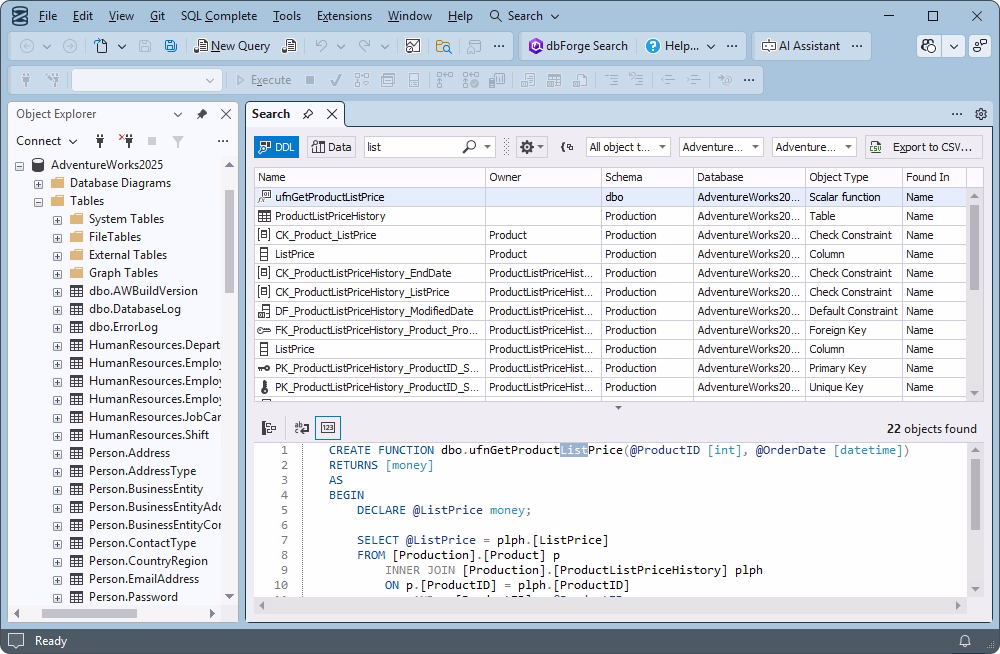 Text search in SQL Server object names and bodies showing search results for stored procedures and other database objects