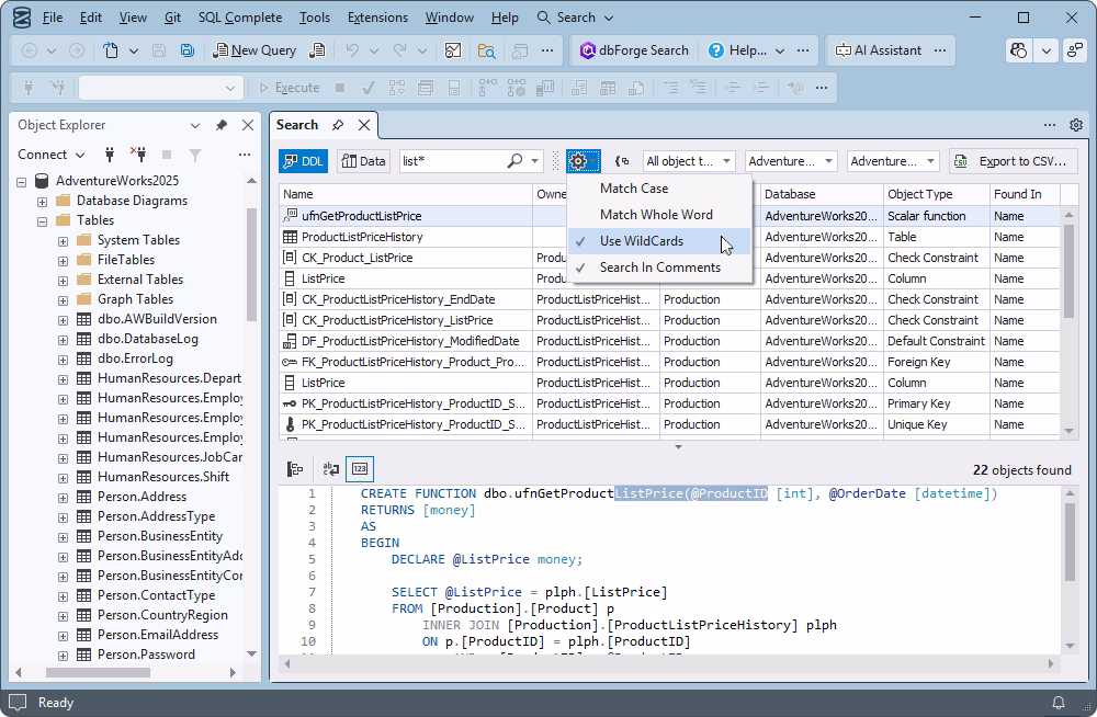 Wildcard search in SQL Server databases showing flexible pattern matching and expanded search results